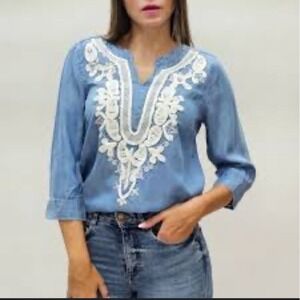 Blouse Womens Top Chambray Lyocel Soft Chicos New Blue White Boho Embroidery